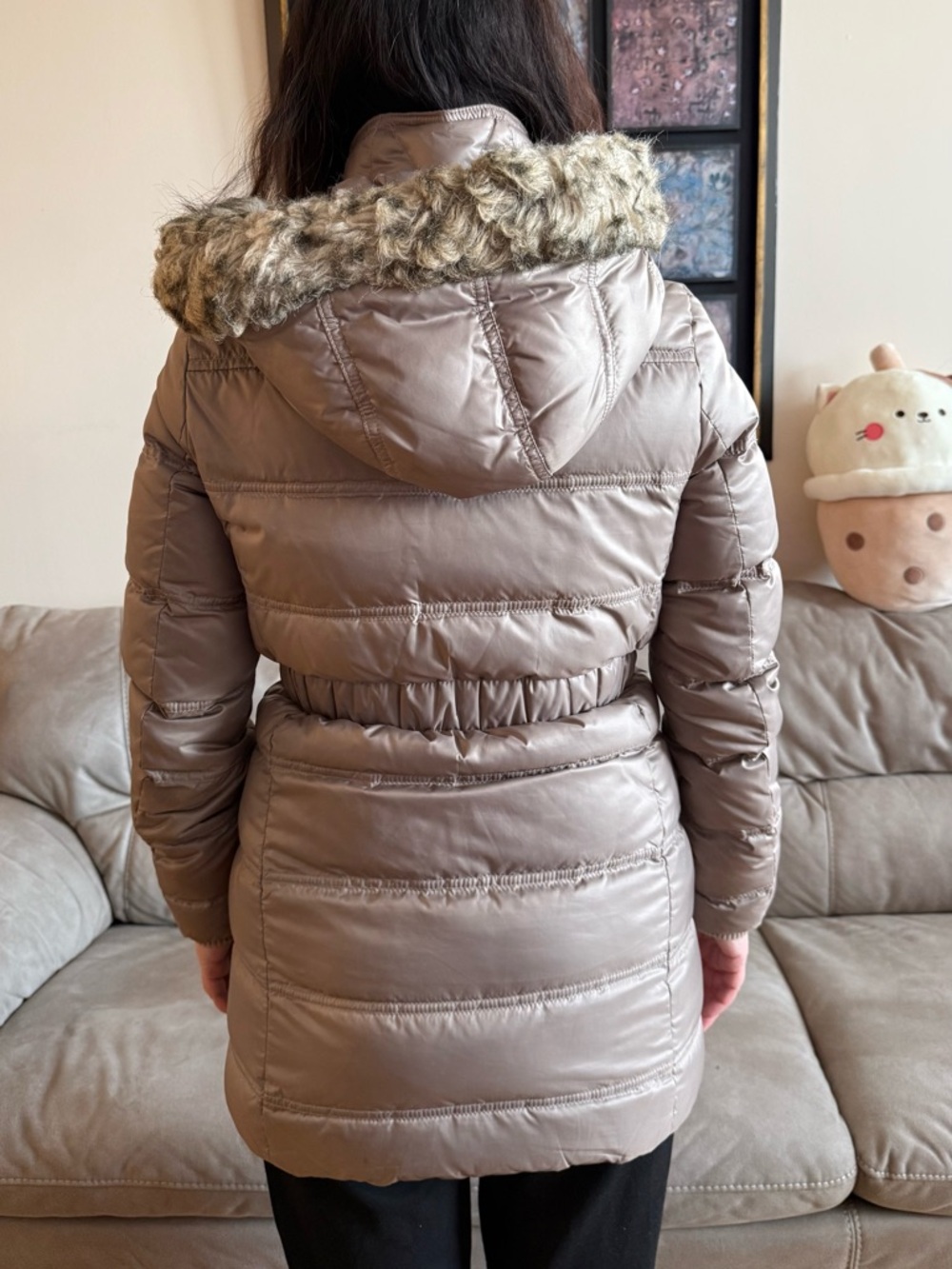 Juicy Couture Taupe Down Puffer Coat XS | Faux Fur Hood | Belted Winter Jacket